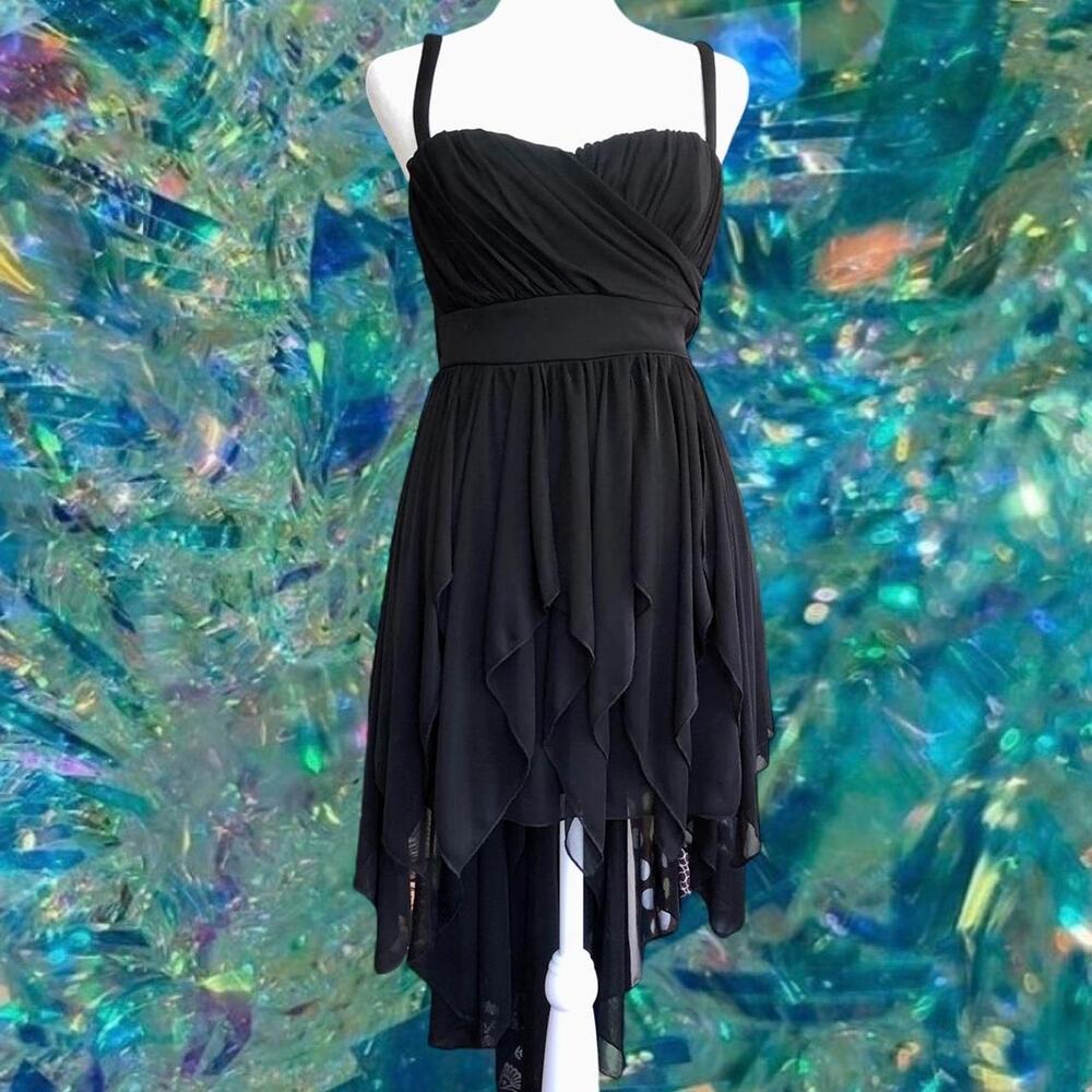 Black cocktail dress asymmetrical hem